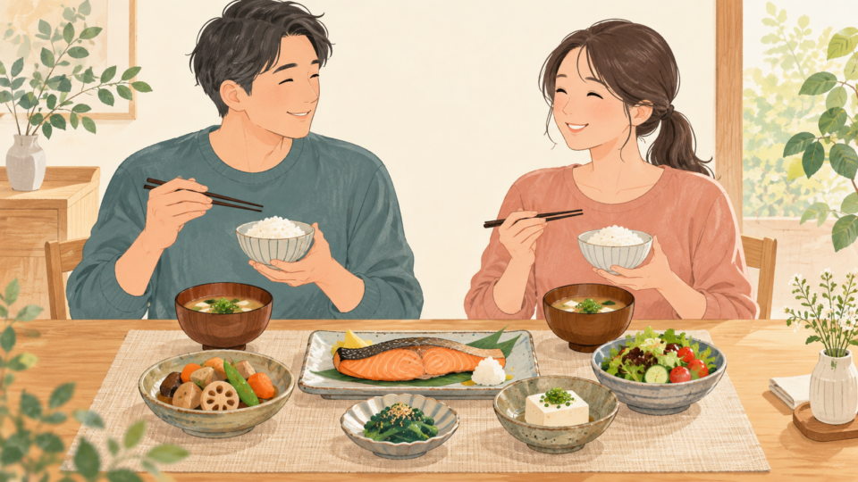 魚や豆腐、野菜、ご飯をそろえた食卓