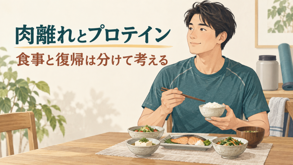 肉離れとプロテインの文字と食事を取る男性のイラスト