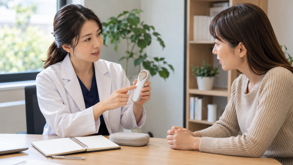 機器について説明を受ける女性