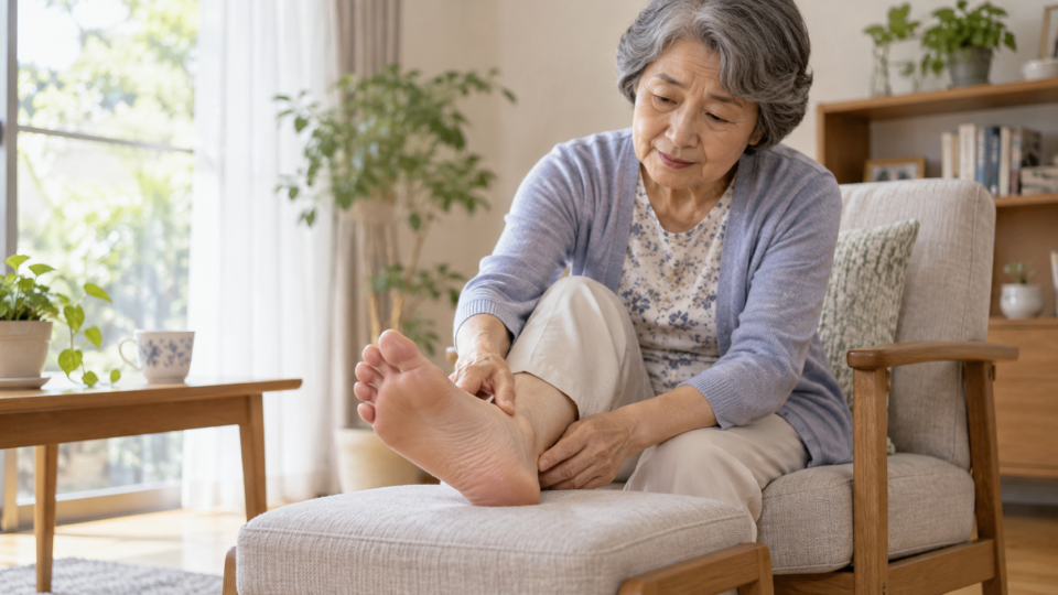 椅子に座って足裏の皮膚を確認する女性
