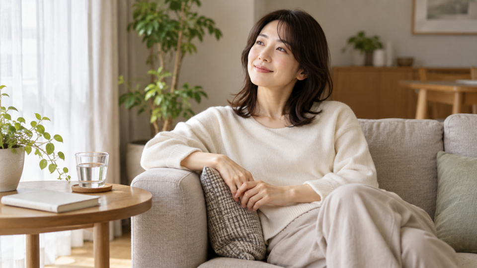 腕を楽な位置に置いて休息する女性の説明用イメージ