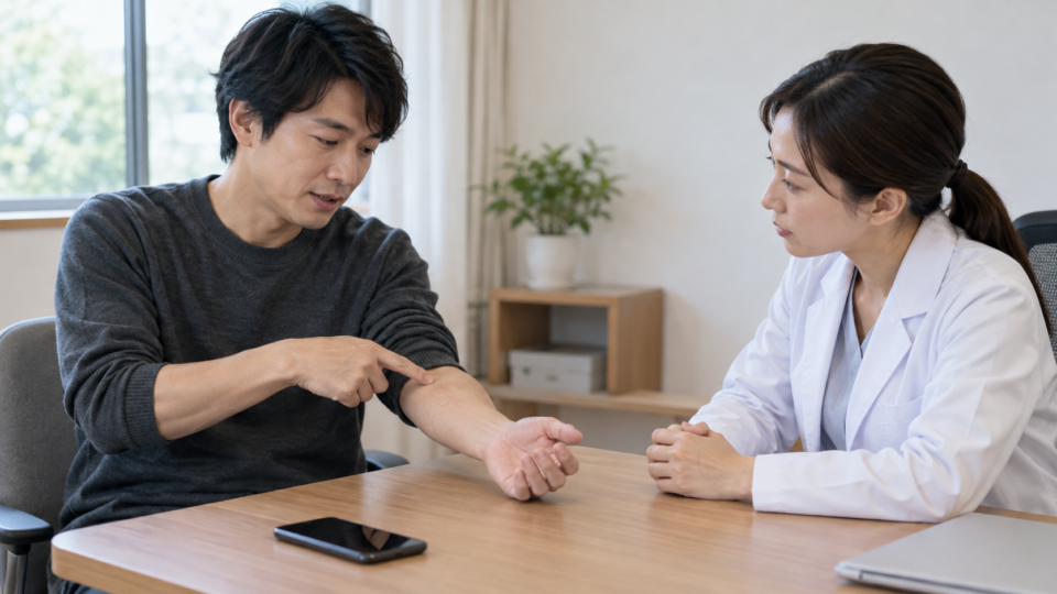 腕の症状を医療者に説明する男性の説明用イメージ