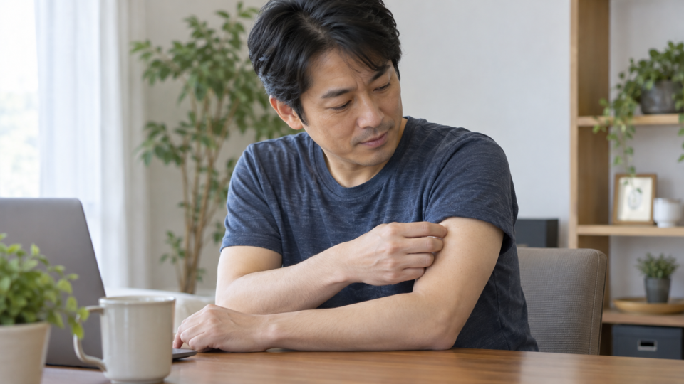 腕の小さな動きに気付いて様子を見る男性の説明用イメージ