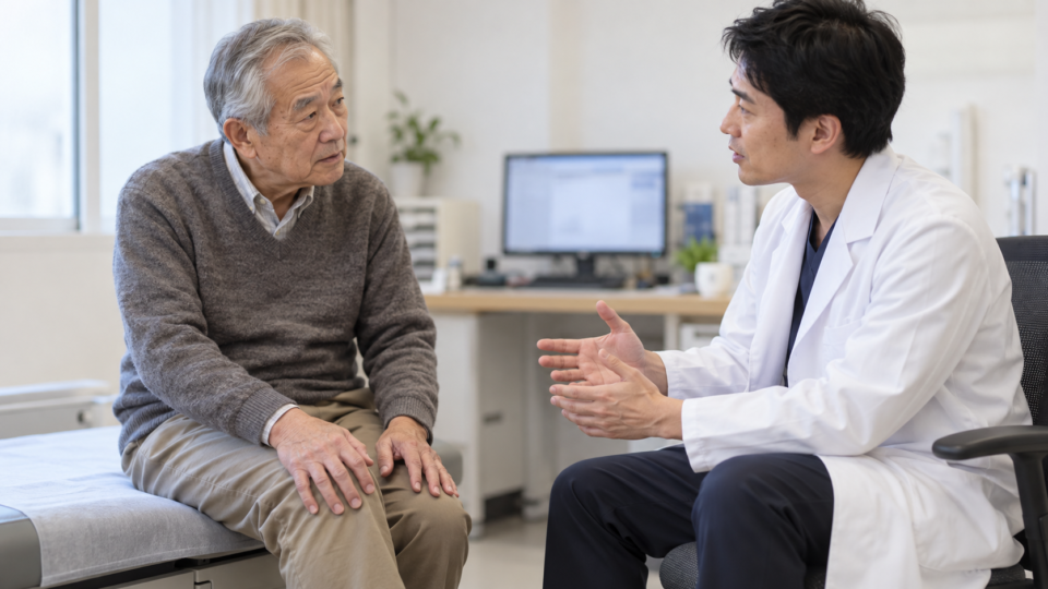 膝の手術後の状態について医療者に相談する高齢男性の説明用イメージ