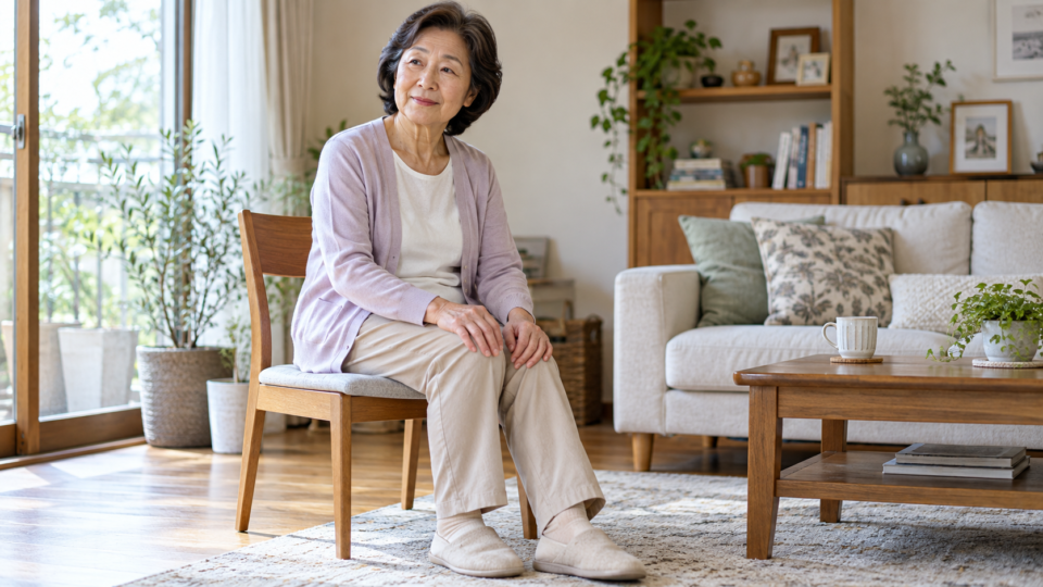 椅子に座り膝にそっと手を添える高齢女性の説明用イメージ