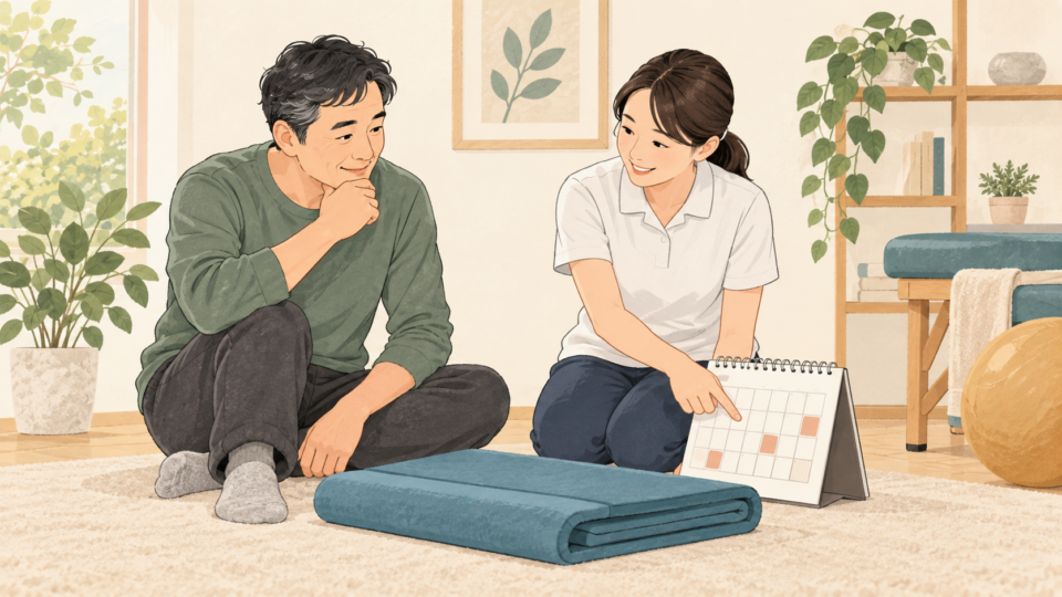 医療者とカレンダーを見ながら運動予定を相談する人