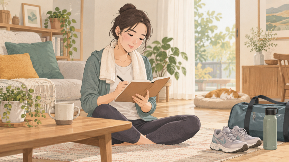 練習の様子をノートに記録する人とスポーツ用品