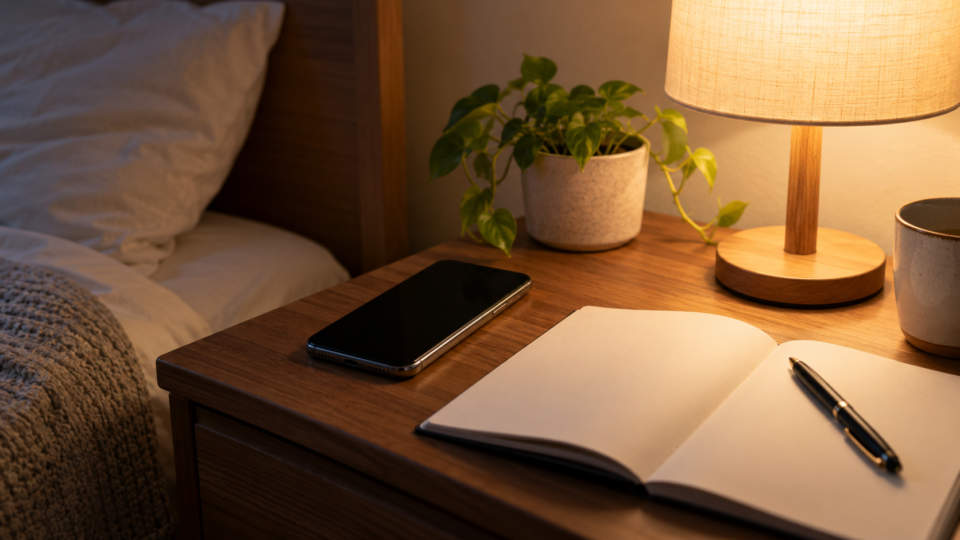 夜間に連絡や症状の記録をするための電話とノートのイメージ