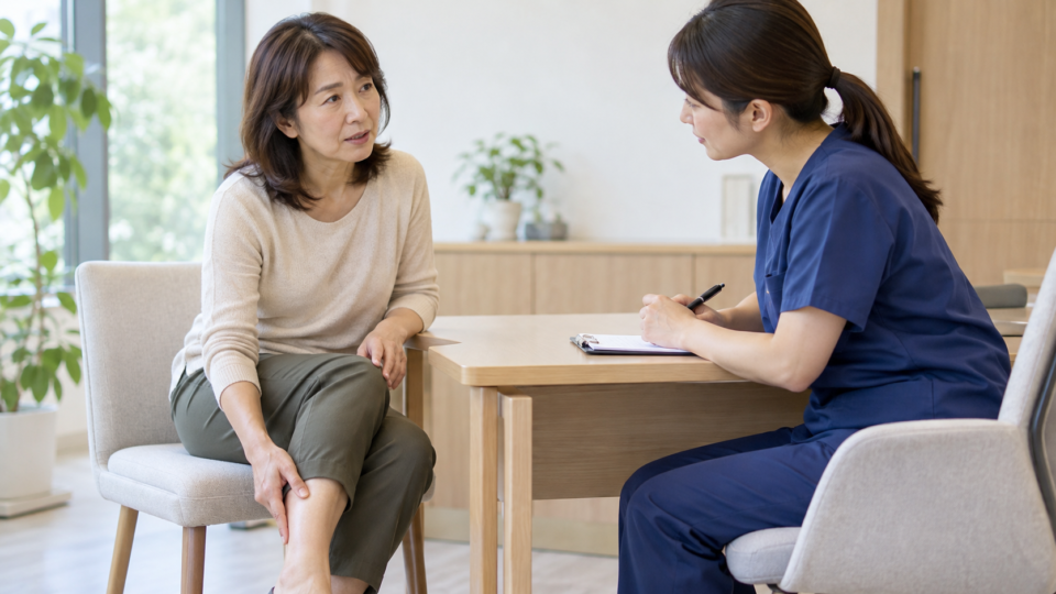 脚の痛む場所を医療者へ伝える女性の説明用イメージ