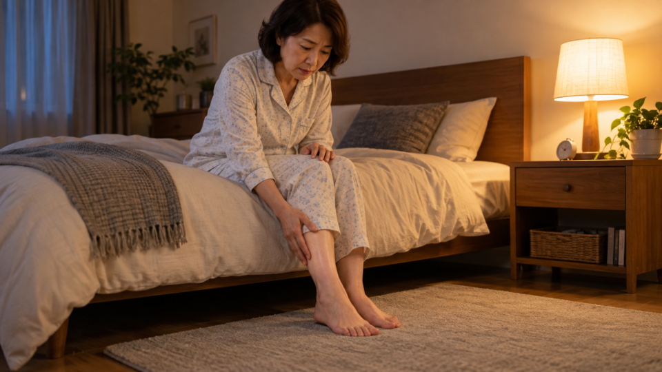 夜にベッドの端でふくらはぎを気にする女性の説明用イメージ