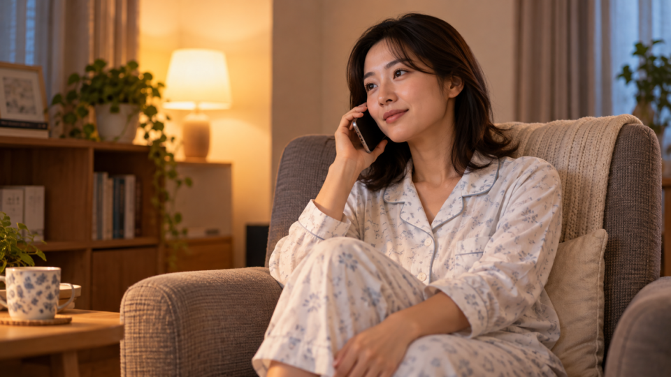 椅子に座り電話で相談する女性