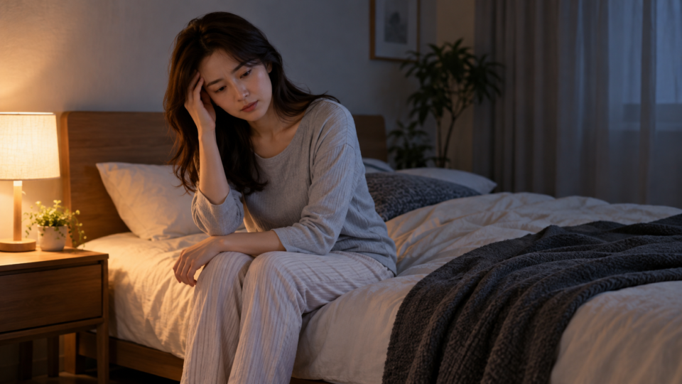 夜の寝室でこめかみに手を添えて座る女性