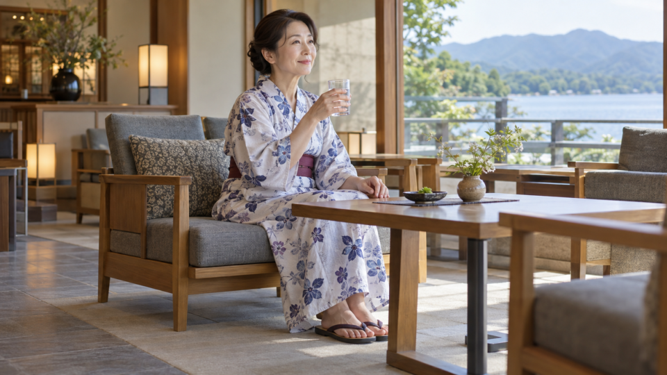 休憩場所で水を飲む浴衣姿の女性の説明用イメージ