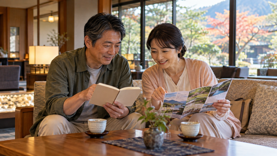 旅行の予定と休憩について相談する男女の説明用イメージ