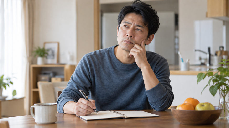 顔の痛みについてノートに記録する男性