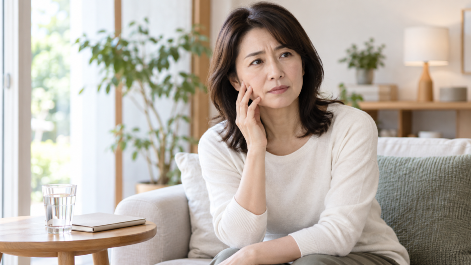頬に指を添えて顔の違和感を気にする女性