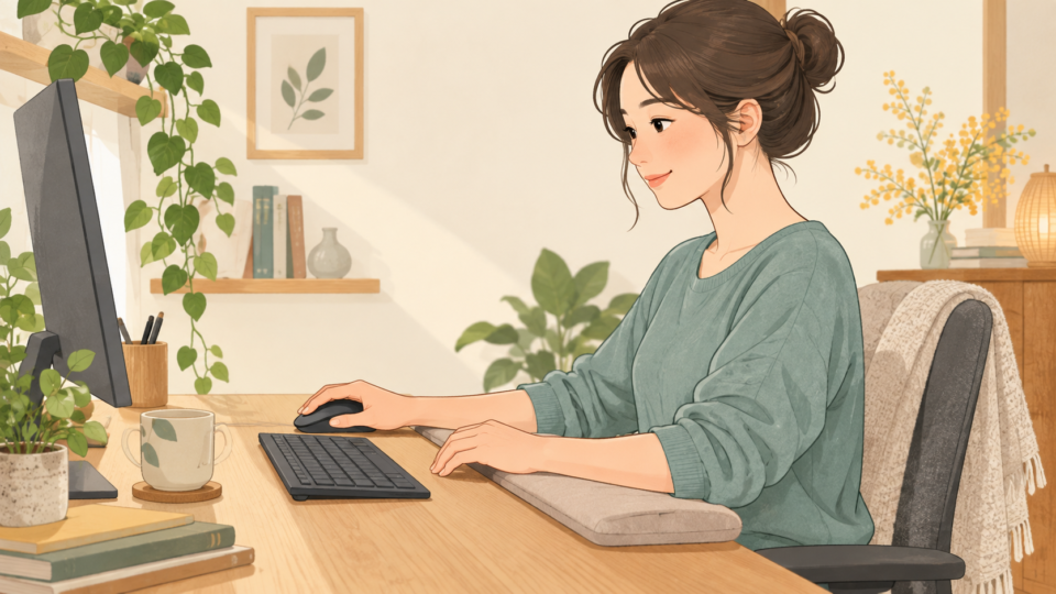 マウスとキーボードの位置を見直す机のイラスト
