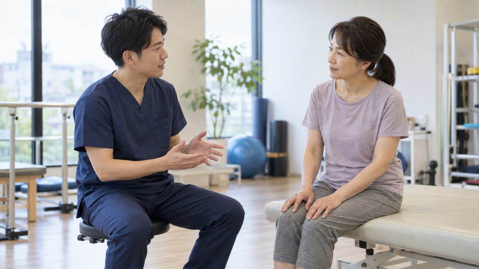 膝について医療者に相談する女性の説明用イメージ
