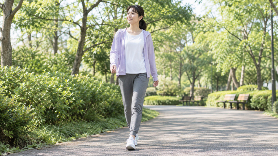 屋外の平らな道を無理のないペースで歩く女性の説明用イメージ