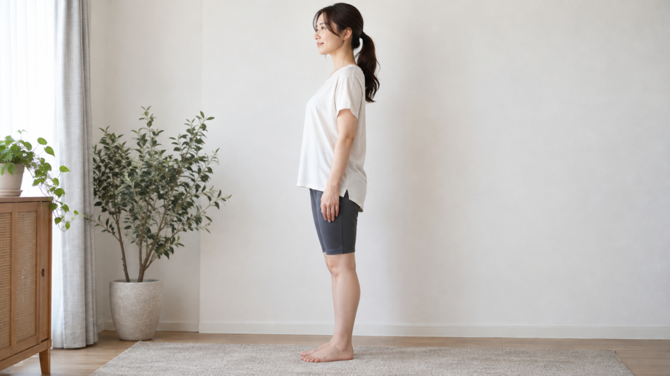 横から見た立ち姿で脚の位置を確認する女性の説明用イメージ