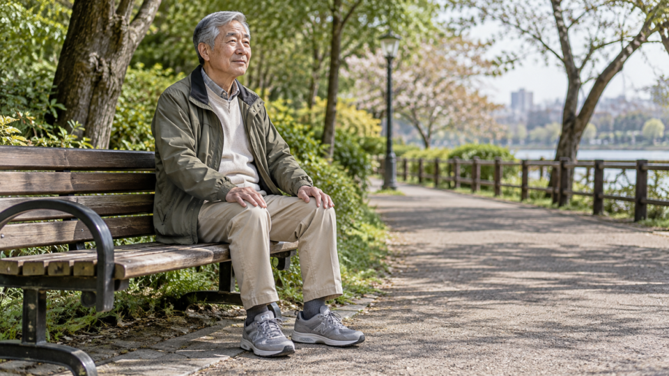 散歩の途中でベンチに座って休む男性の説明用イメージ