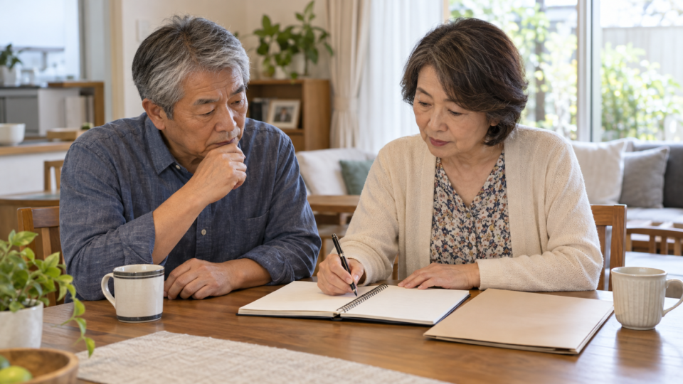 次の診察で聞く内容を家族と整理する男性の説明用イメージ