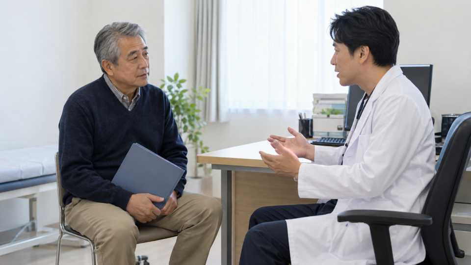 腰の検査について医療者と話し合う男性の説明用イメージ
