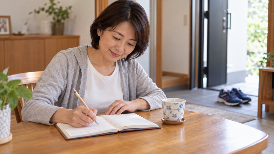 歩いた時間や膝の様子をノートに記録する女性