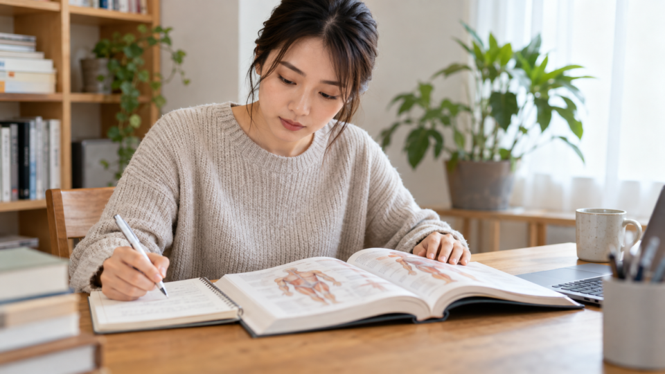 本を見ながら体の構造を学ぶ女性