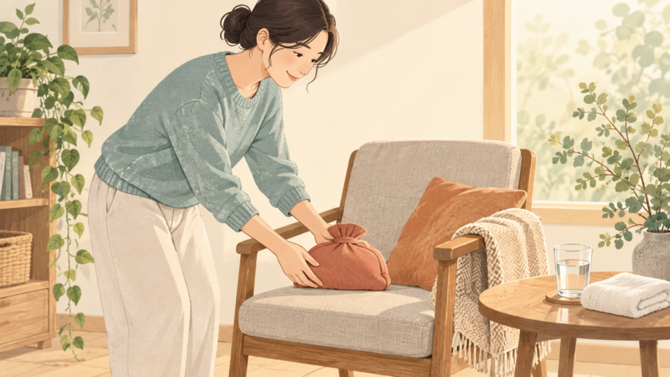 温熱用品と水を椅子の近くに用意する人