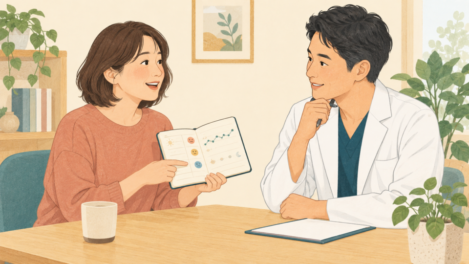首の症状の記録を医療者に見せる女性