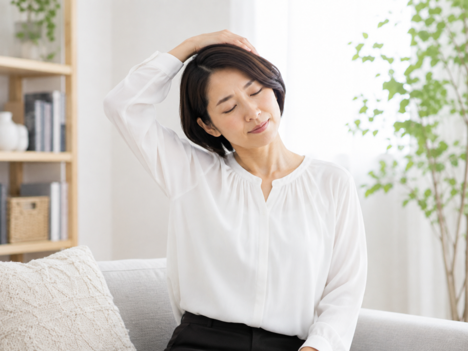 自宅でできる首から右肩のストレッチをする女性