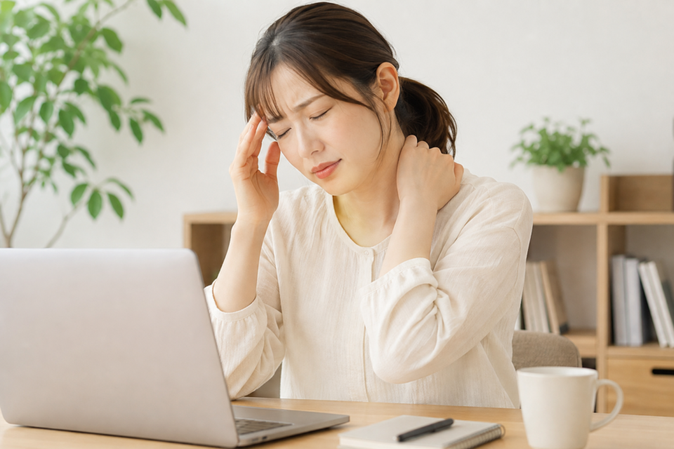 肩こりと頭の重さを感じて首を休める女性