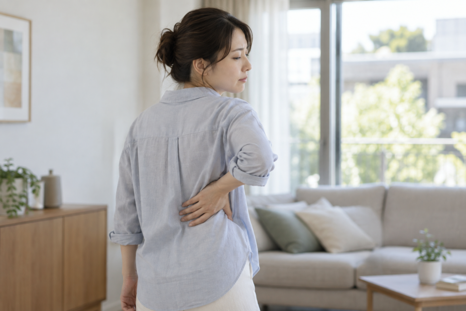 服の上から背中の気になる場所へ軽く手を添える女性