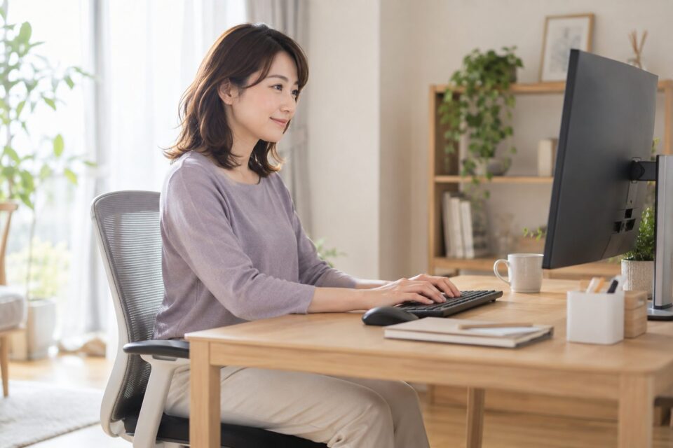 正面の画面に向かい前腕を支えて作業する女性