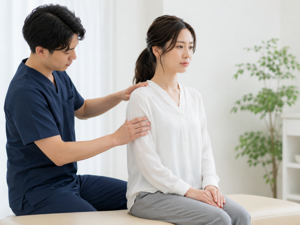 片側の肩こりの原因を確認する整骨院での姿勢チェック