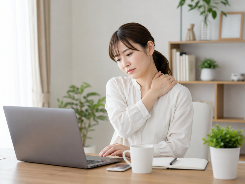 右利きなのに左肩のこりに悩むデスクワーク中の女性