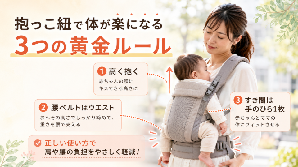 抱っこ紐使用時の姿勢を確認する女性