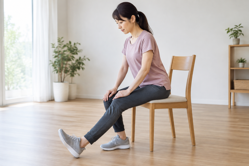 椅子で片脚を前へ出し踵を床につける女性