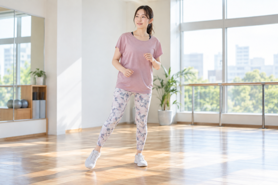 スタジオで小さく横へステップする女性