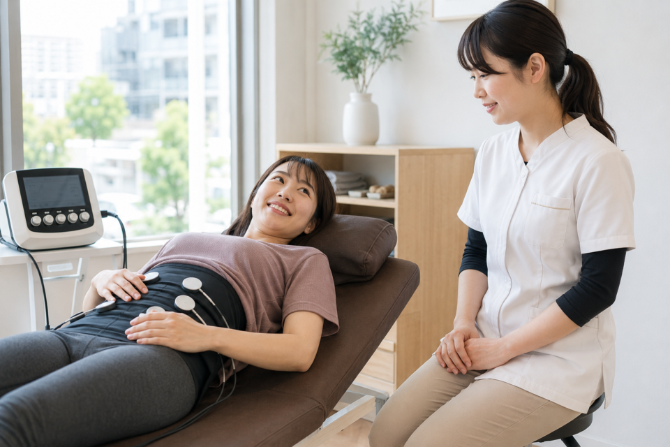 産後の腹部にEMSを使用する前に説明を受ける女性