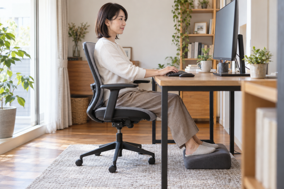 足元を支え背もたれを使いデスクワークをする女性
