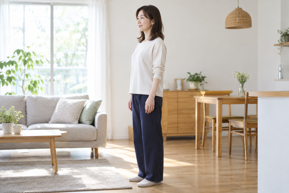 肩や腰に強く力を入れず自然に立つ女性