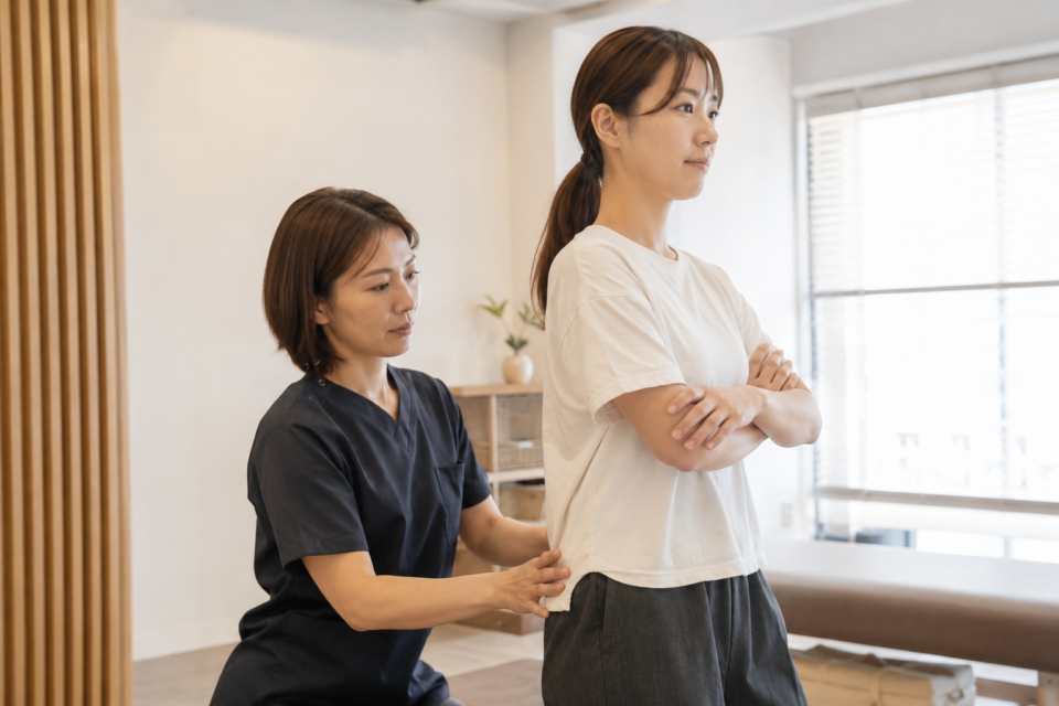赤ちゃんを安全に抱っこする姿勢を確認する女性