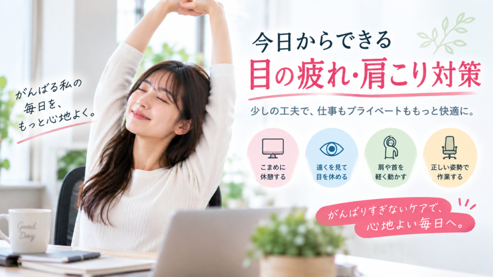 デスクワークの合間に腕を上げて身体を伸ばす女性