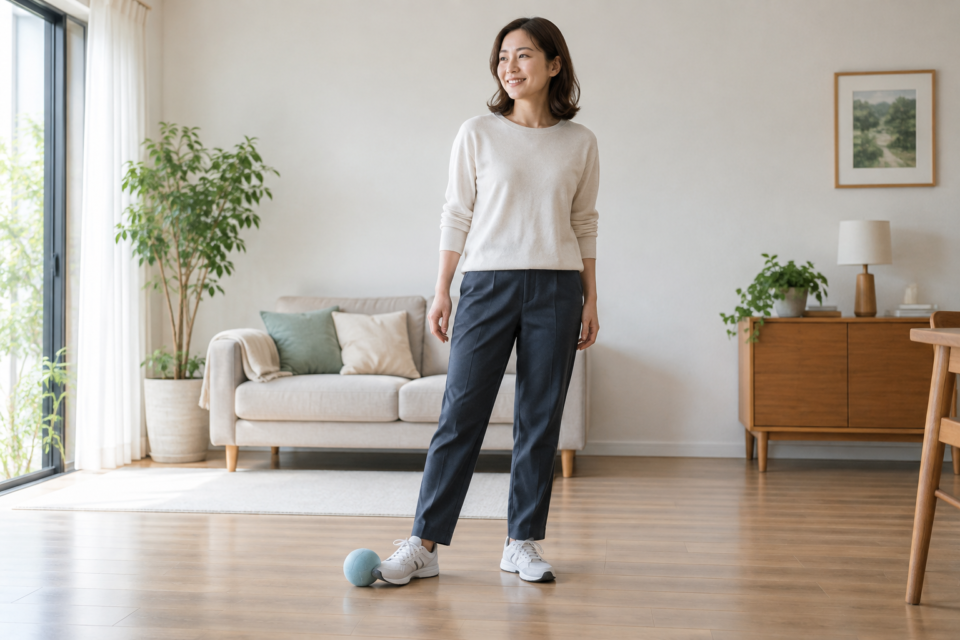 柔らかいボールの横に足を添えて立つ女性