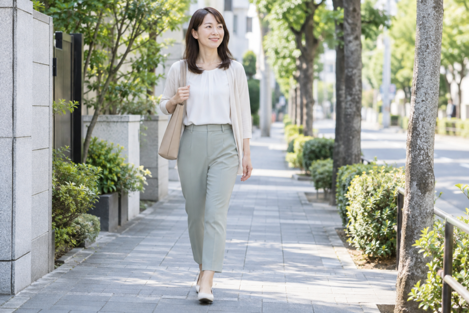平らな歩道を自然に歩く成人女性