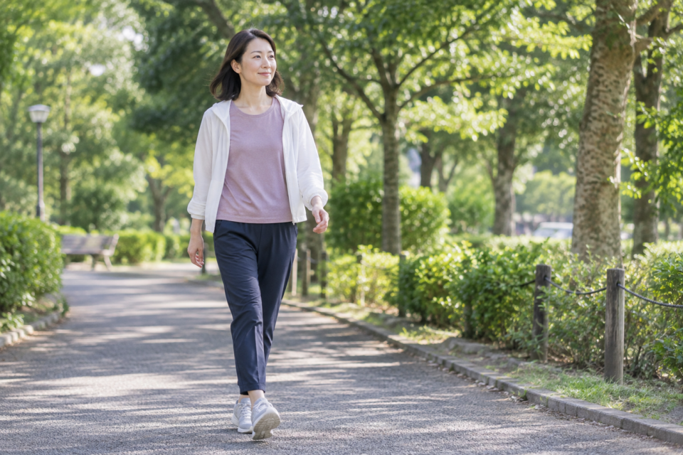 公園でゆっくり歩く女性