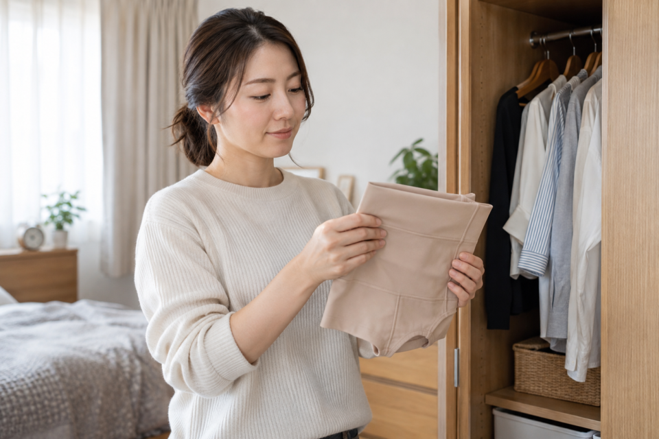 普段着の女性が手に持ったガードルを確認する場面