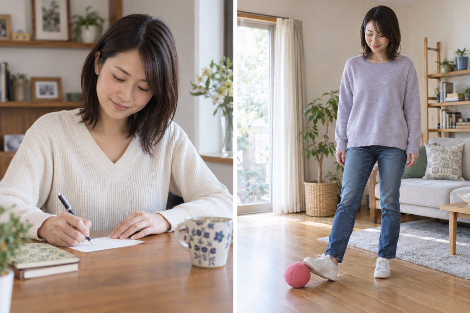 文字を書く場面と、足元のボールを扱う場面の女性
